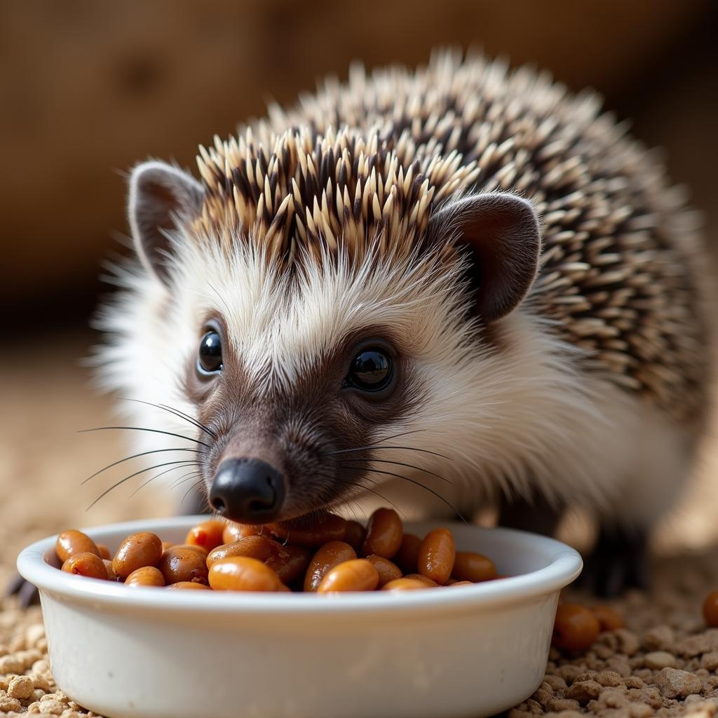 African hedgehog enjoying mealworms