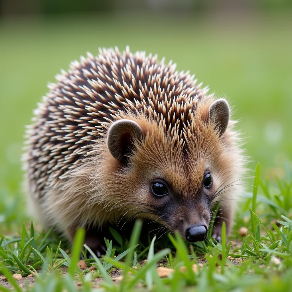 African hedgehog exploring grassy terrain