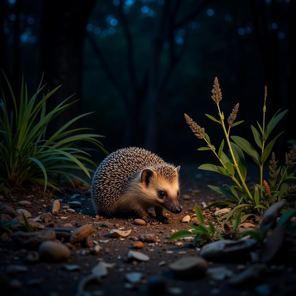 African Hedgehog Foraging at Night