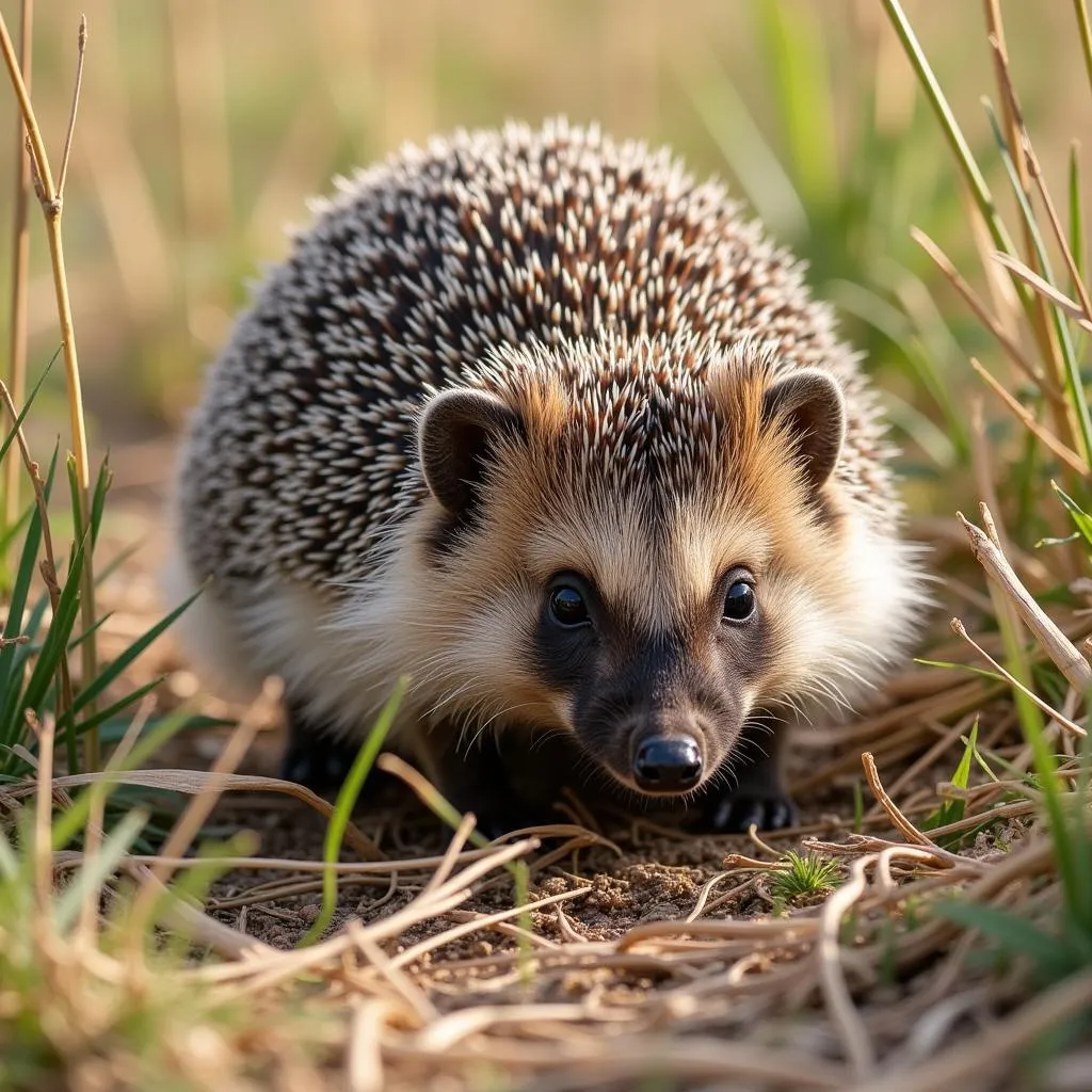 An African hedgehog foraging in tall grass