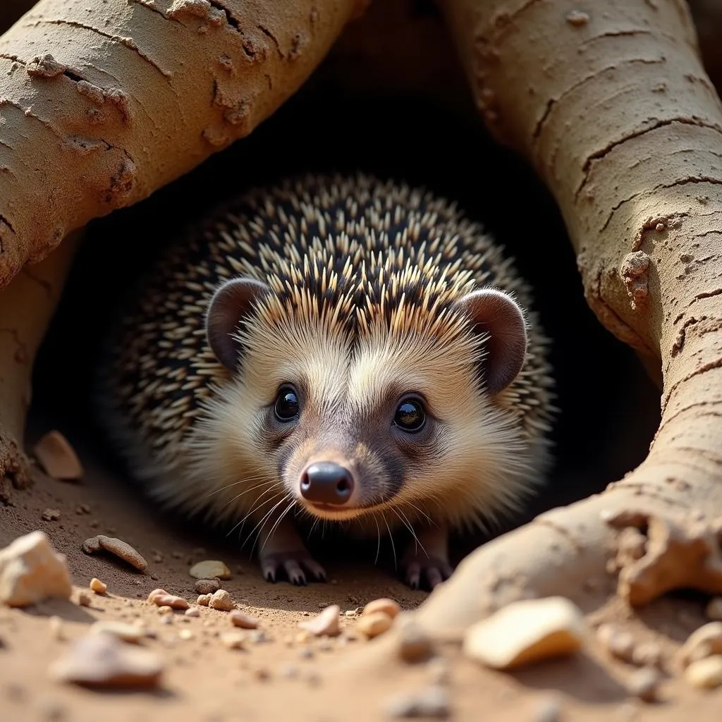 An African hedgehog peeking out from its burrow