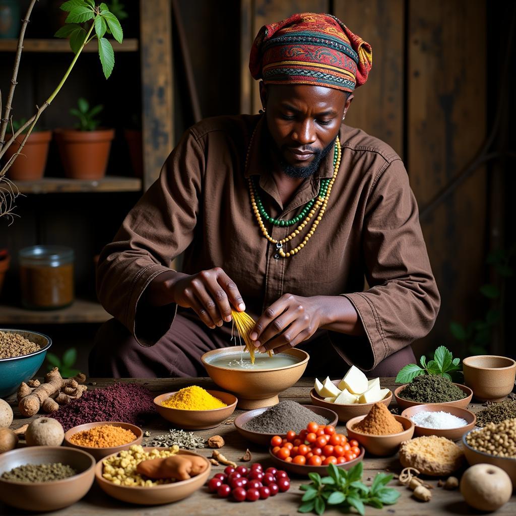 African Herbalist Preparing Traditional Remedy