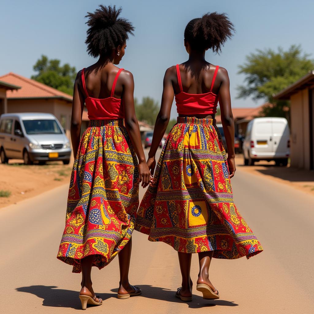 Women wearing high waist skirts made of Kente cloth