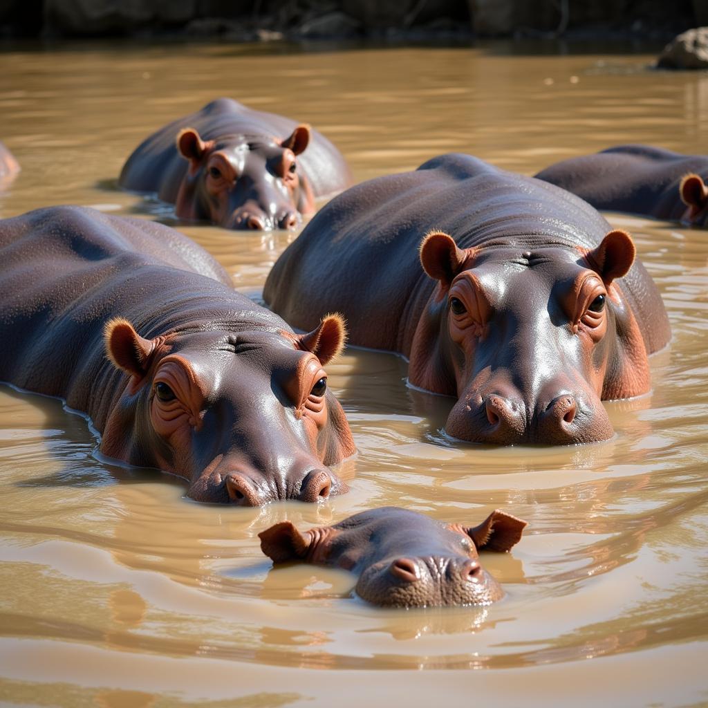 African hippopotamus pod in water