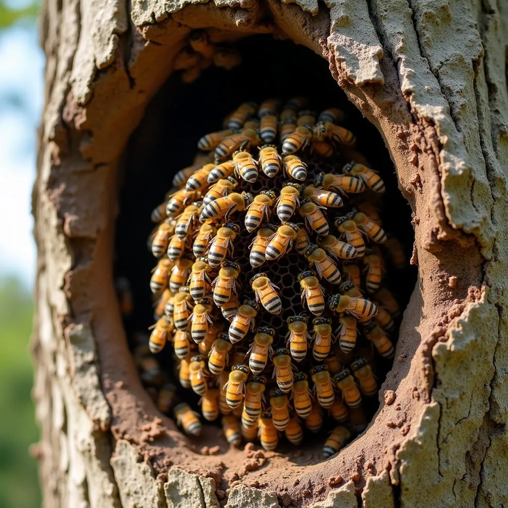 African honey bee hive in natural habitat