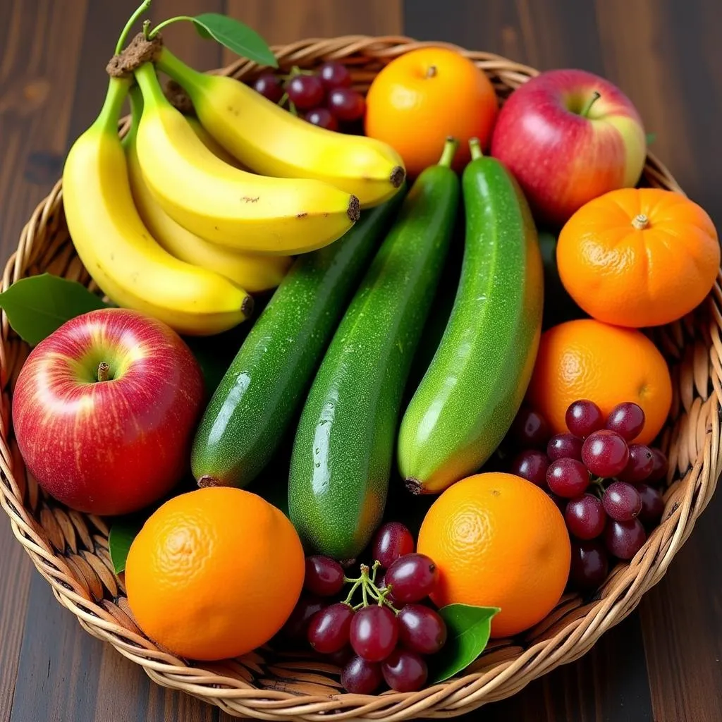 African horned cucumber placed in a basket with various fruits