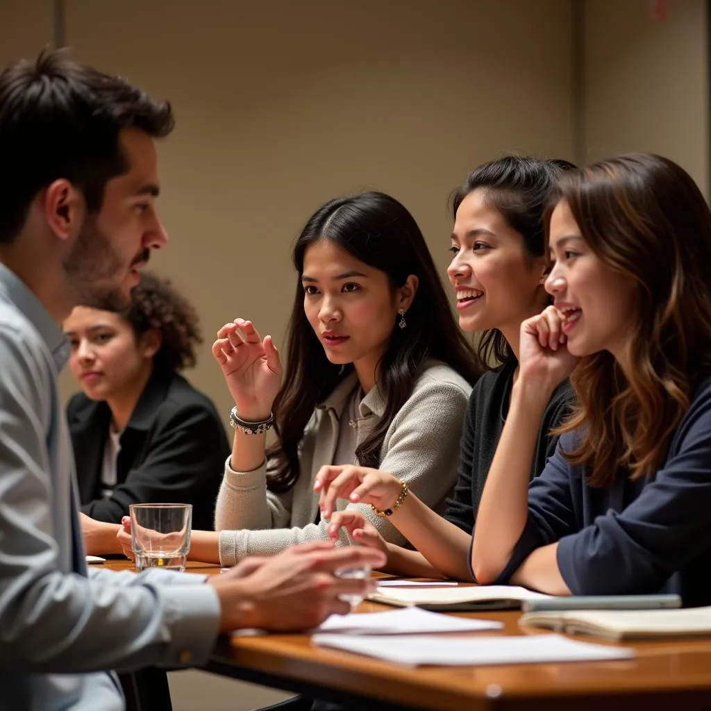 Judges and participants in a lively exchange during the 2016 competition.