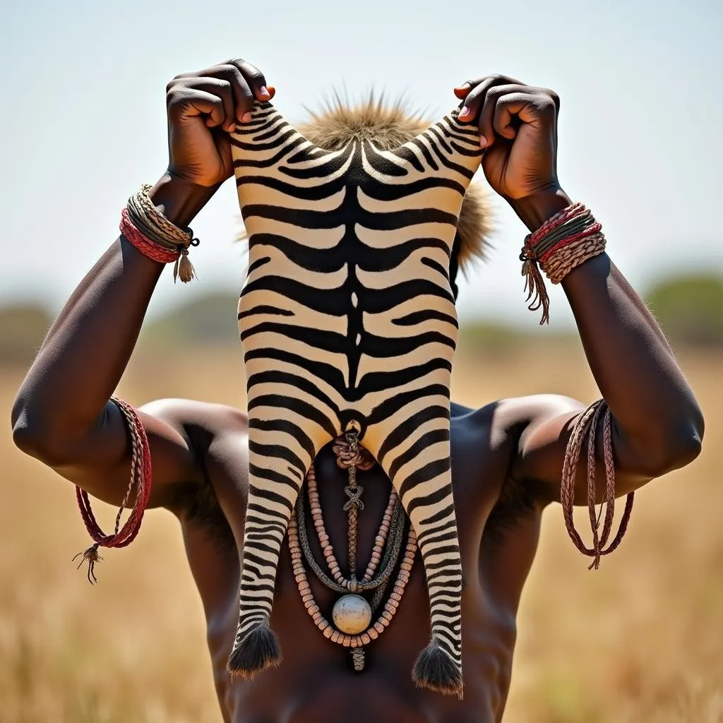 African hunter proudly displaying zebra skin