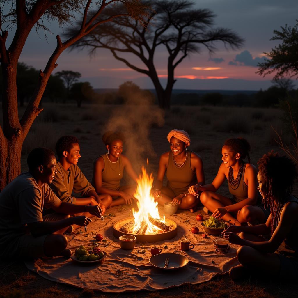 African Hunters Sharing Meal