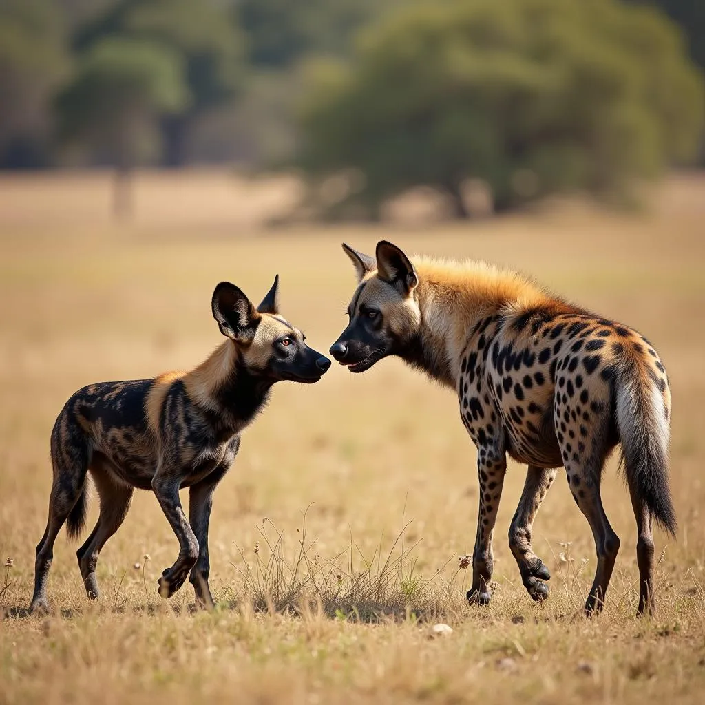 African Hunting Dog and Spotted Hyena in a Tense Standoff