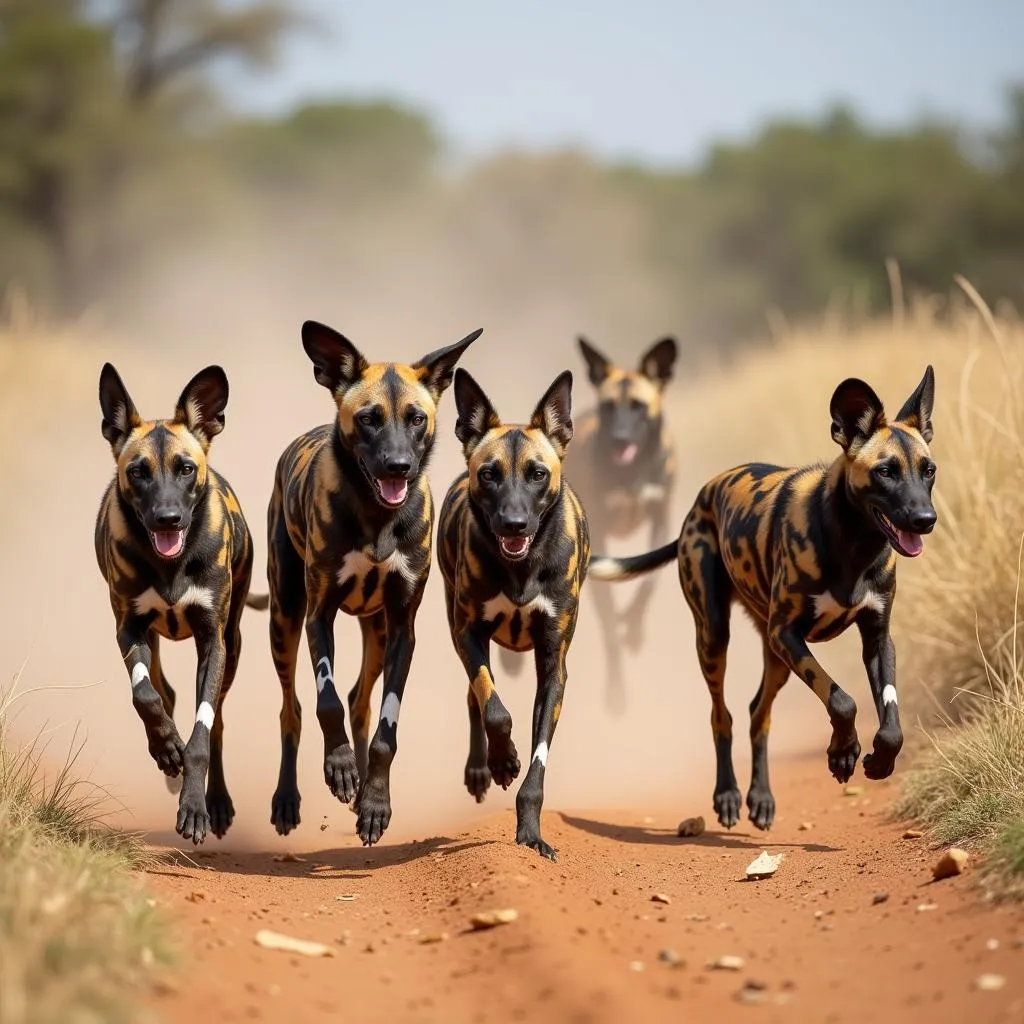 Pack of African Hunting Dogs on the Hunt