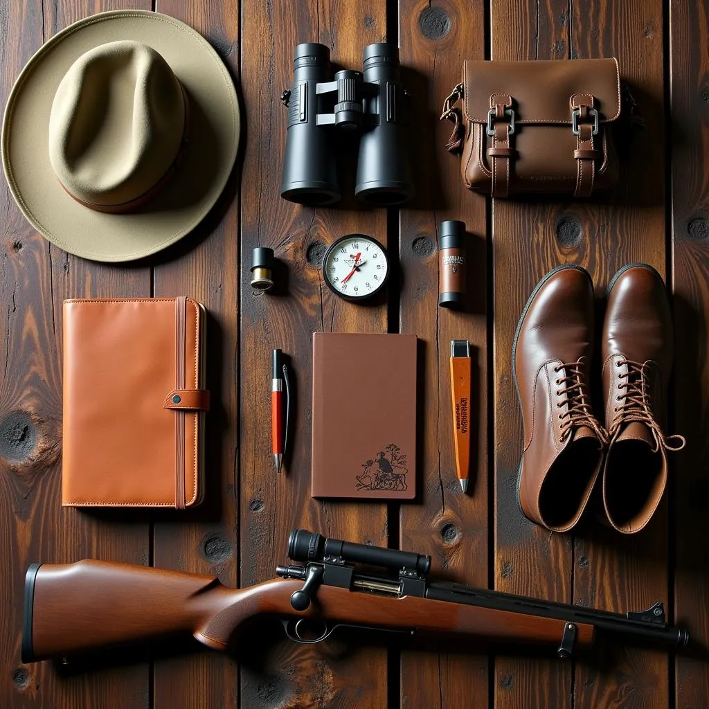 Essential gear laid out for an African hunting safari