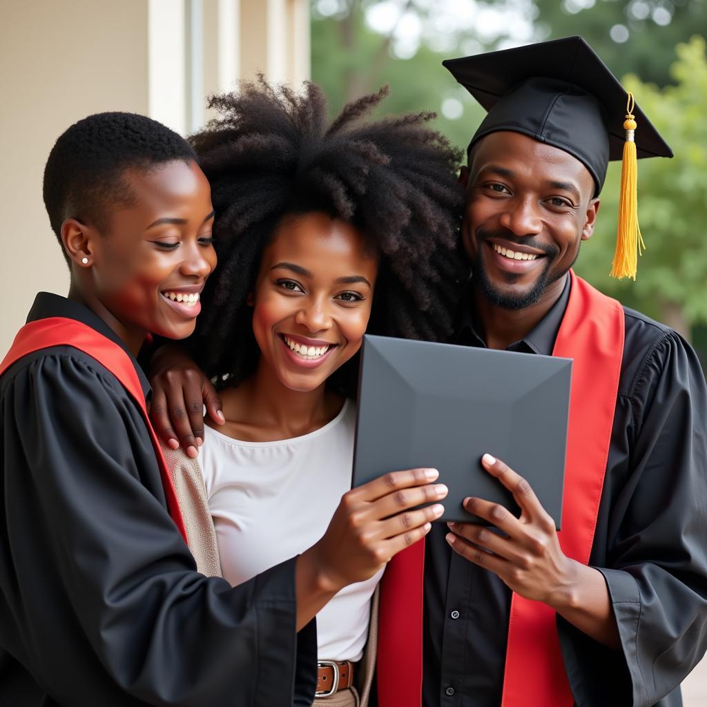 A joyous African immigrant family celebrating a graduation