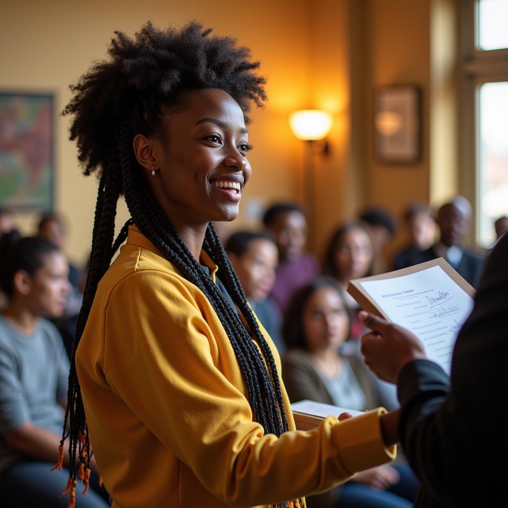 An African immigrant student receives an academic award