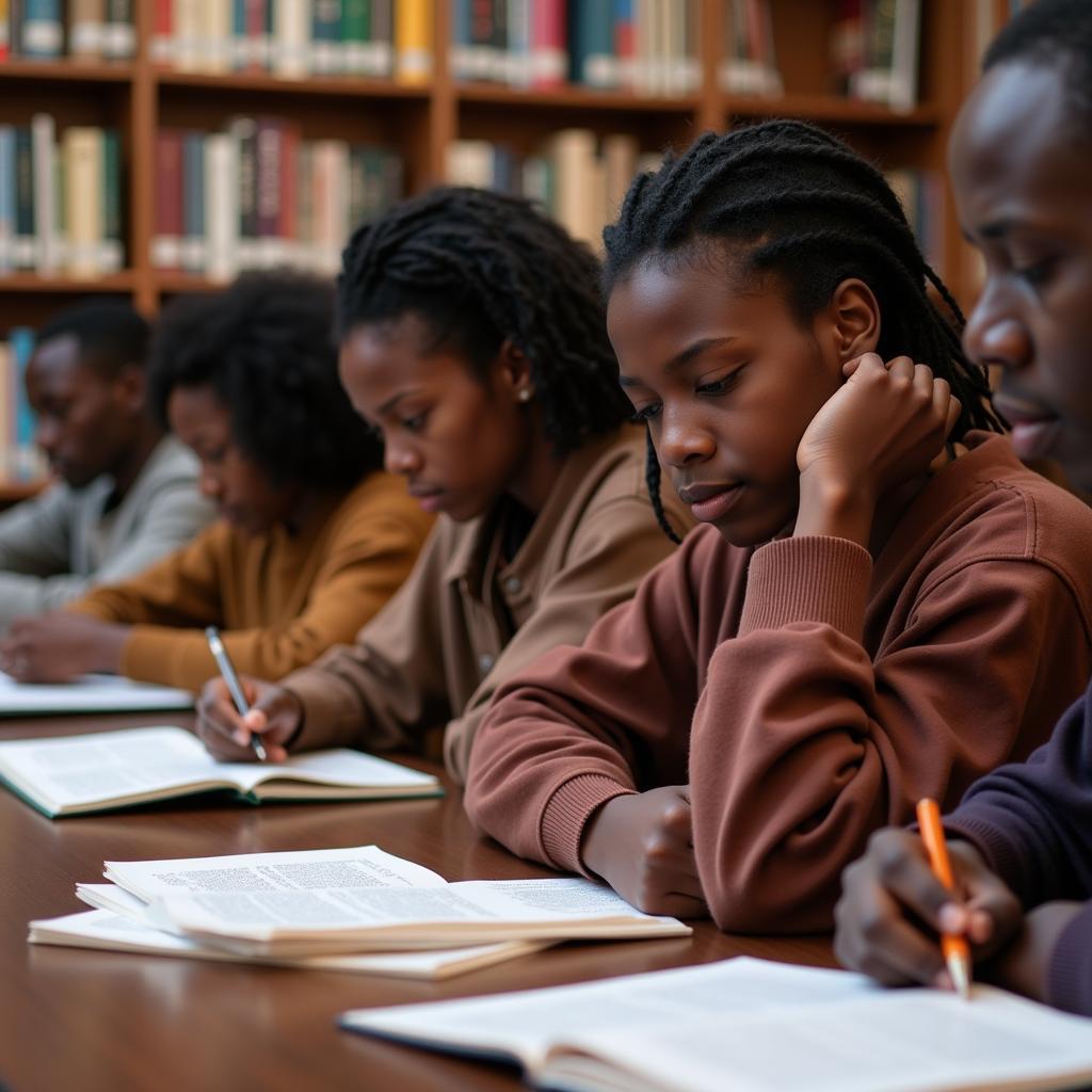 African immigrant students studying diligently in a library