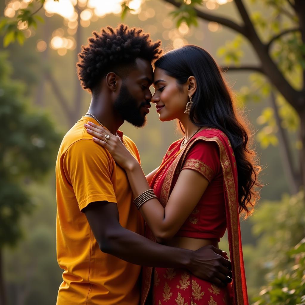 African and Indian Couple Embracing