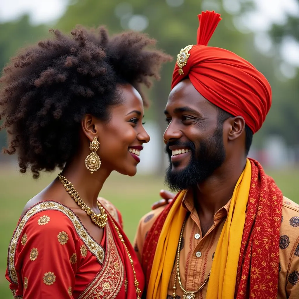 African and Indian couple in traditional attire