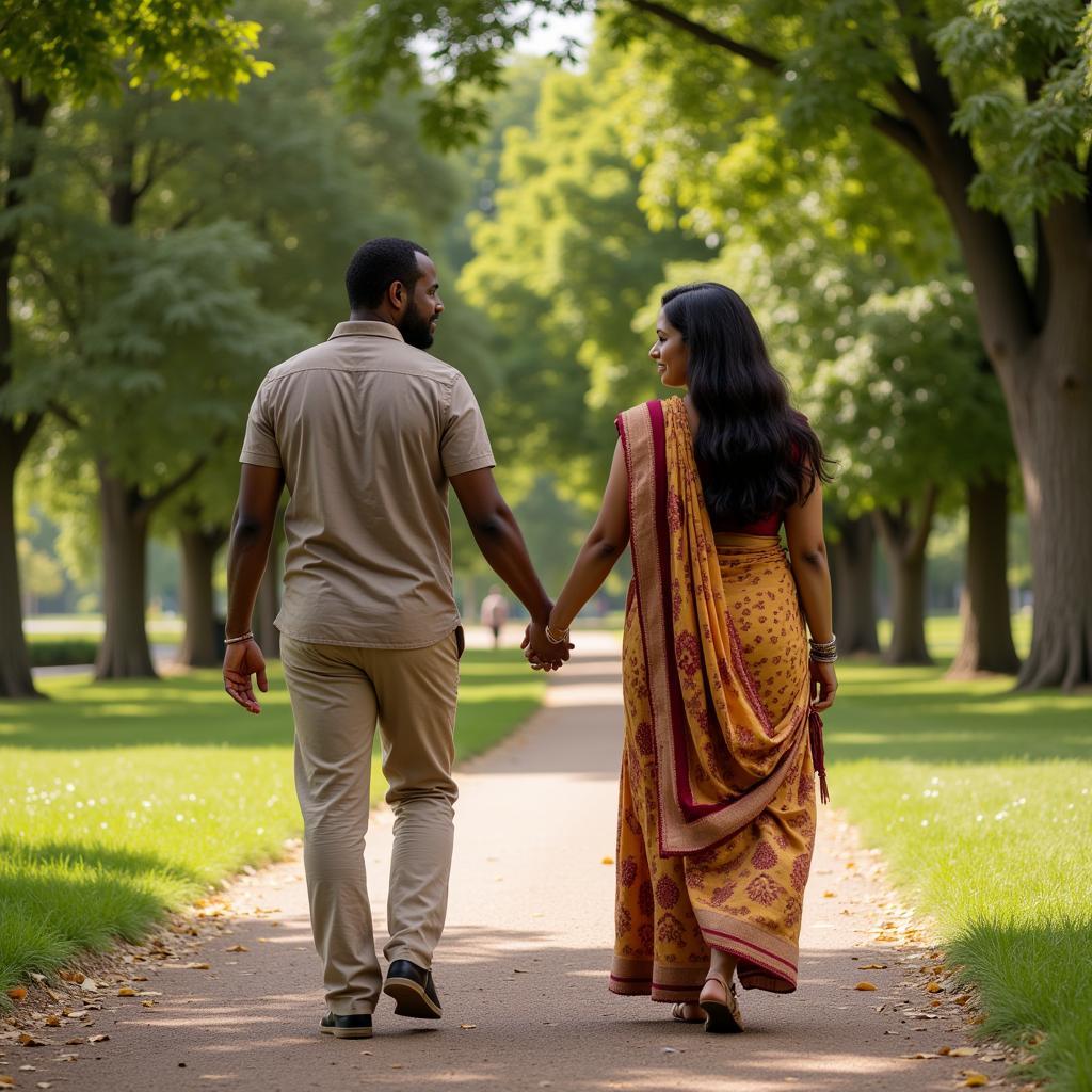 African and Indian Couple Walking Hand in Hand