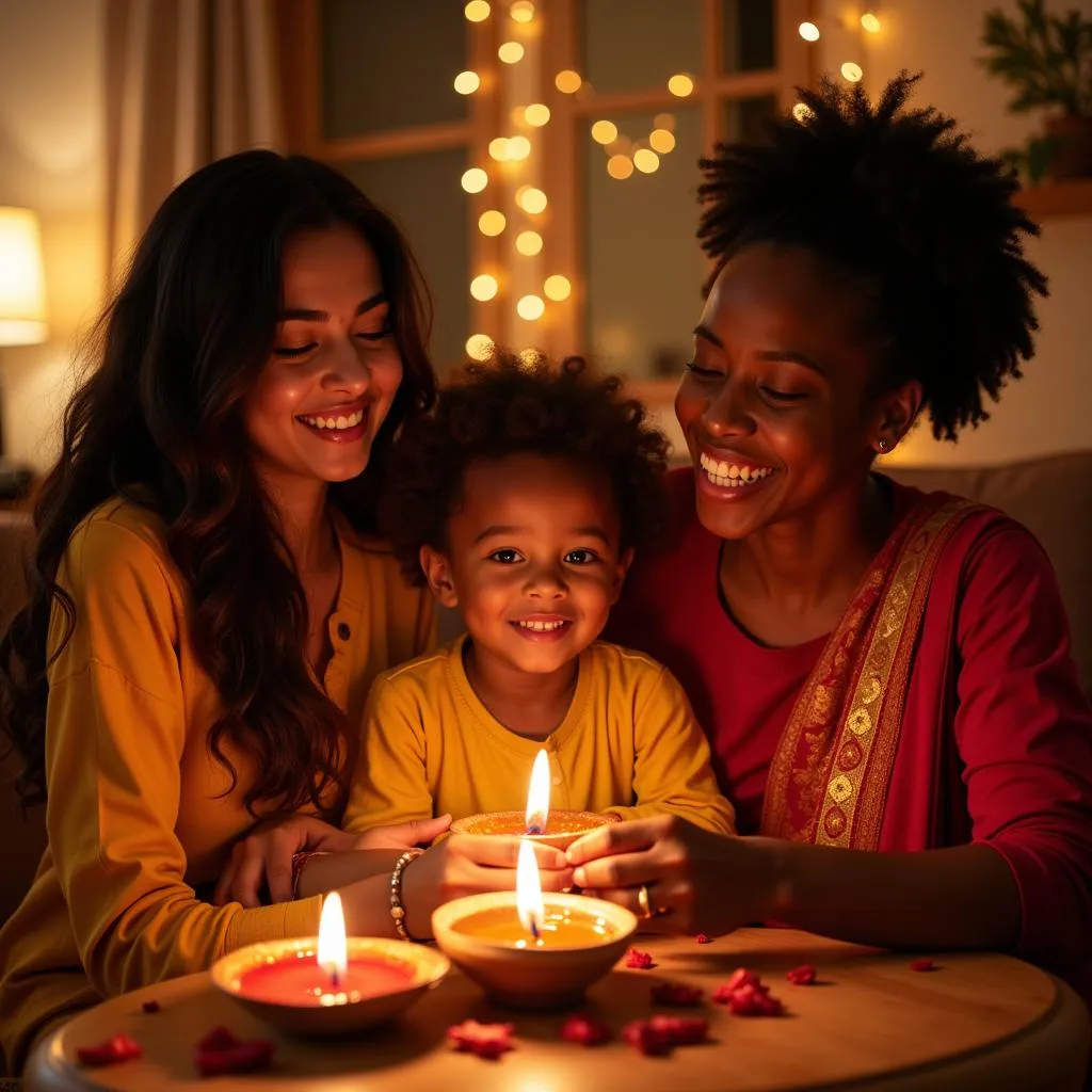 African and Indian Family Celebrating Diwali