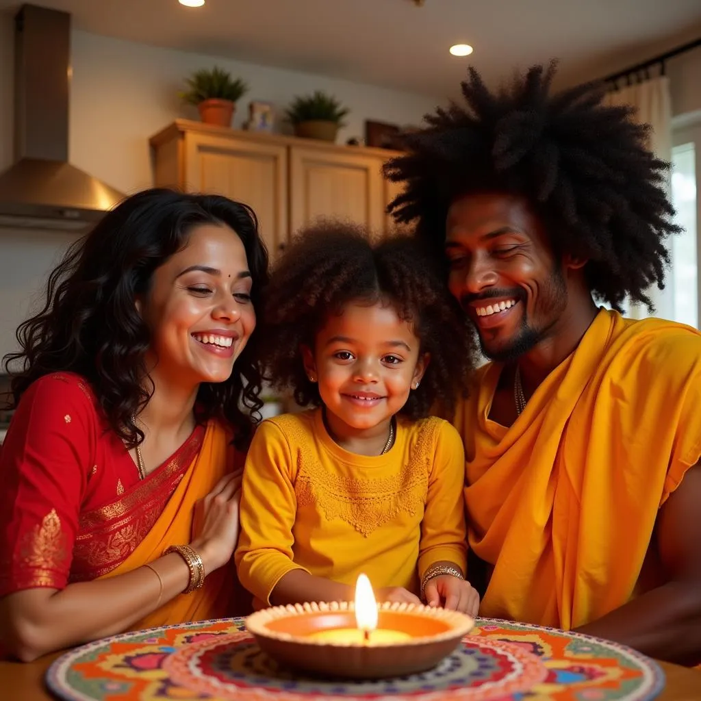 An African Indian family celebrates Diwali in vibrant traditional attire