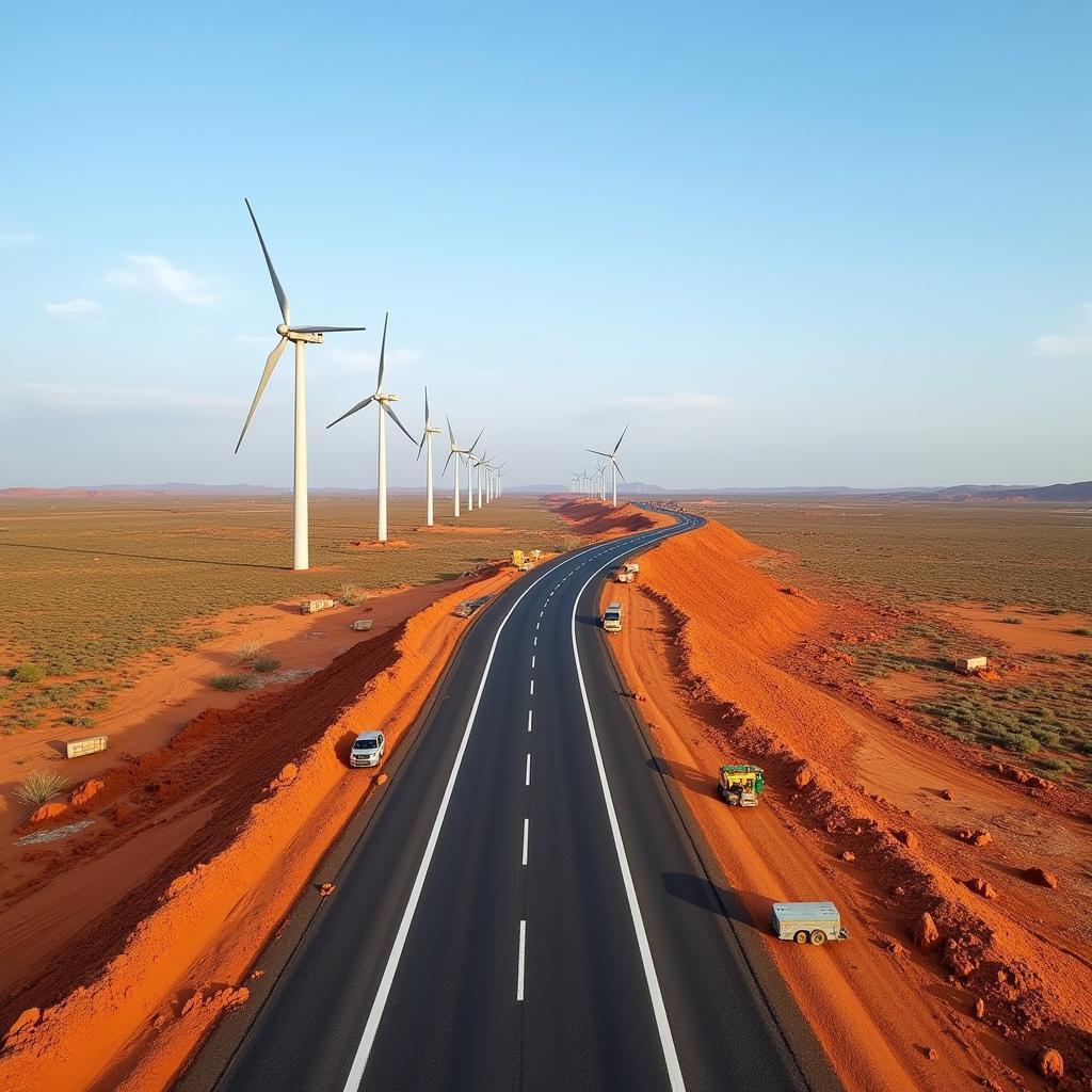 Construction of a modern highway with wind turbines in the background