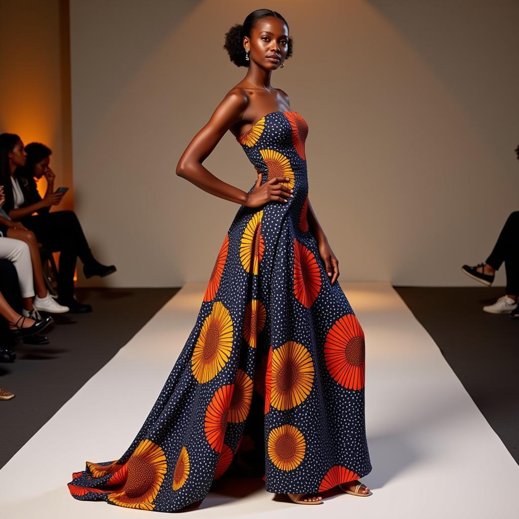 A model showcasing an elegant Ankara print African inspired evening dress