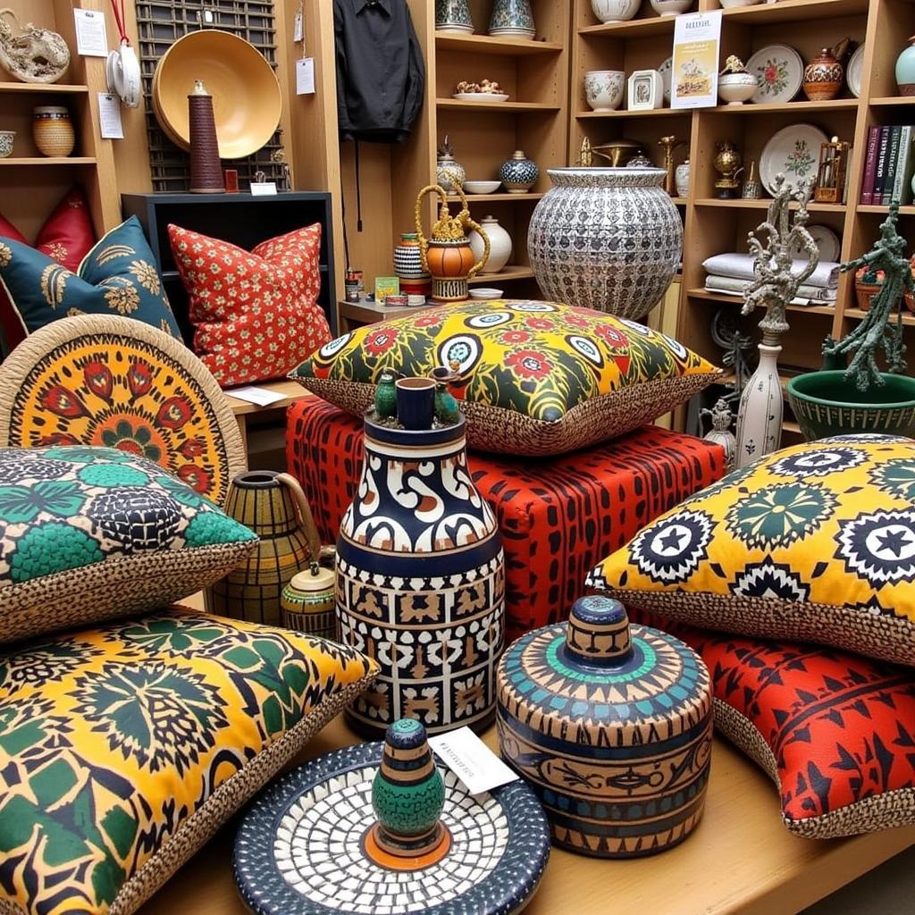 A collection of home decor products with distinct African inspired design elements.