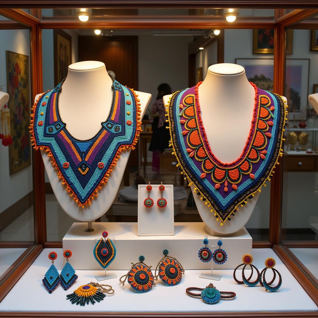 A display of vibrant, African-inspired jewelry in a Jaipur shop