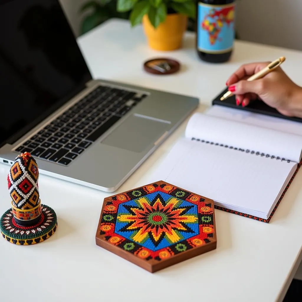 Professional woman's desk featuring a laptop, notepad, and stylish African-inspired accessories.