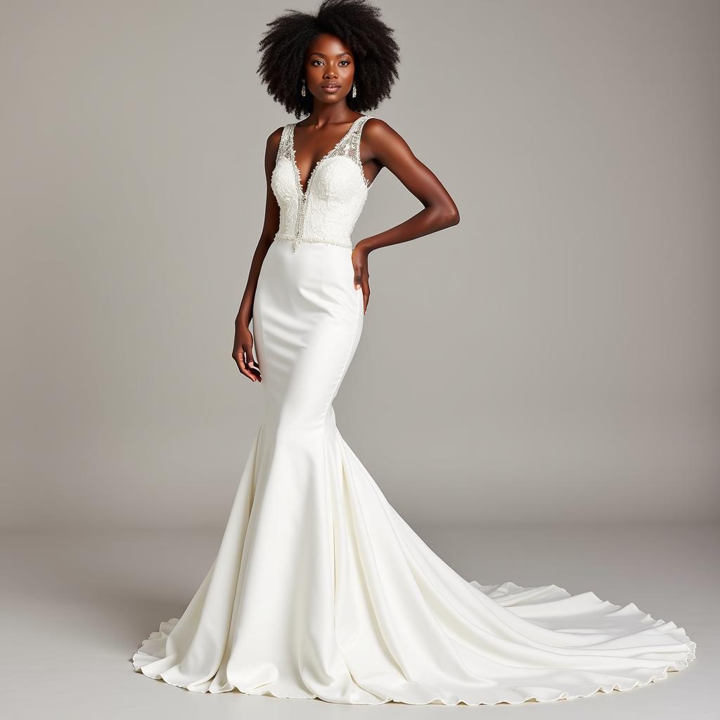 A Model Wearing an Elegant Mermaid Silhouette African Inspired Wedding Dress