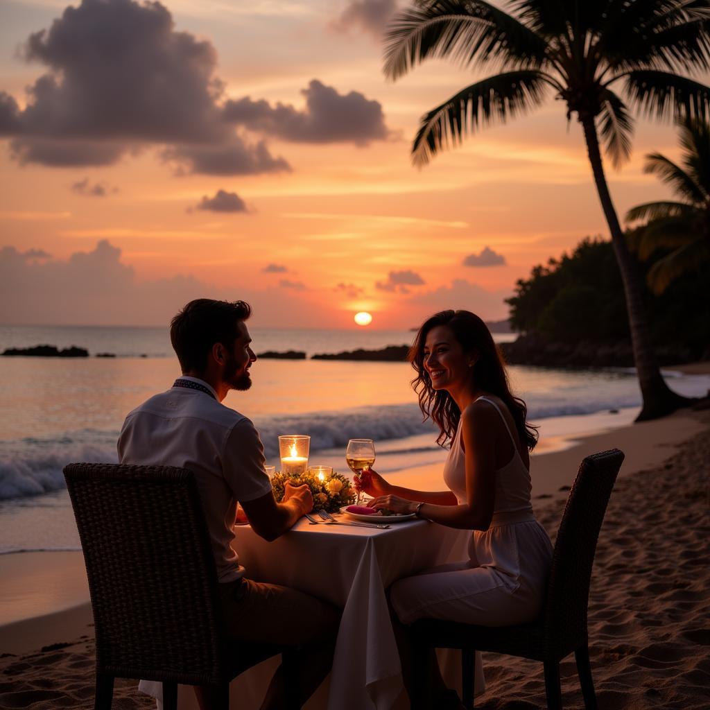 A couple enjoys a romantic dinner on the beach at an African island resort