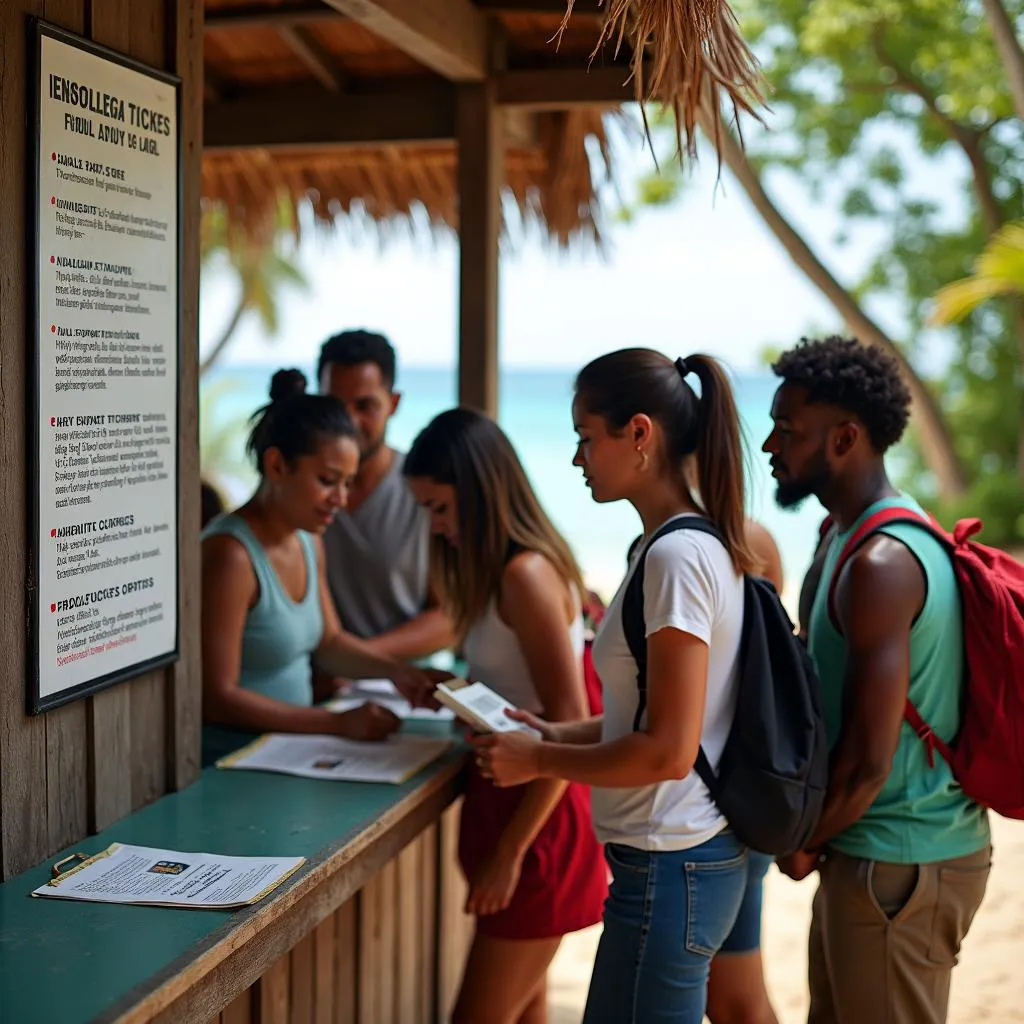 Tourists paying entrance fees at an African island