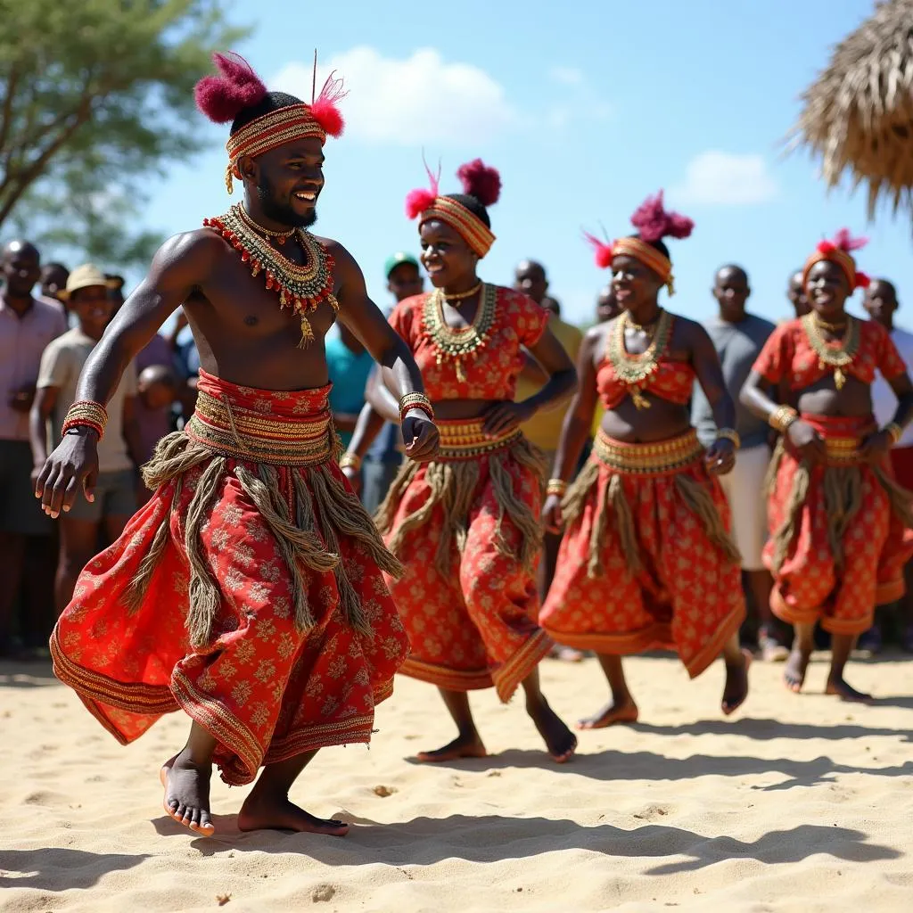 Local performers in vibrant traditional attire entertain tourists with a captivating dance performance on an African island.