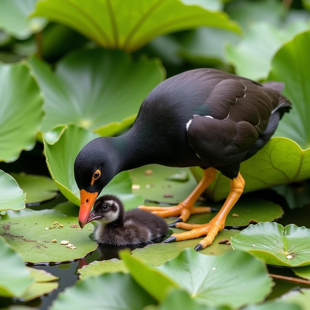 African jacana feeding chicks