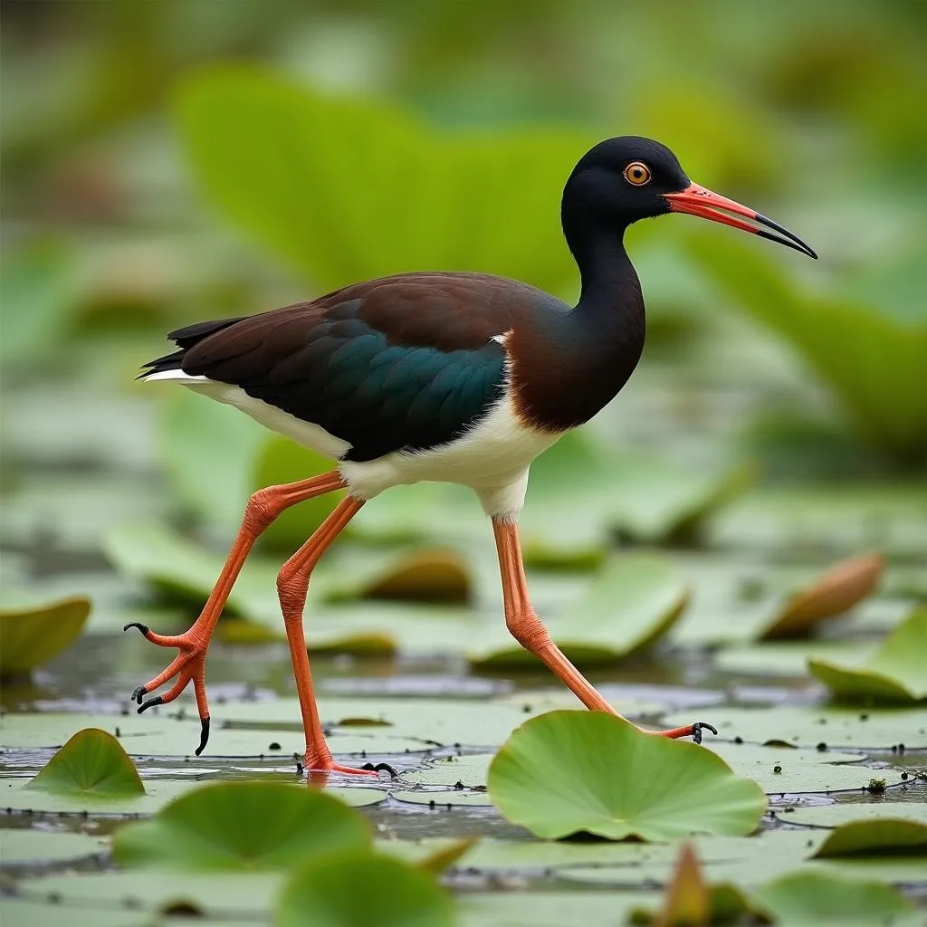 African Jacana foraging for insects in its natural wetland habitat