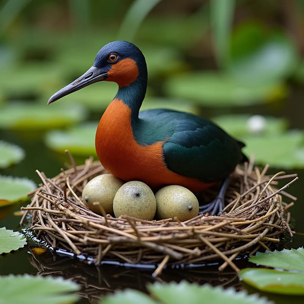 Male African Jacana diligently incubating eggs