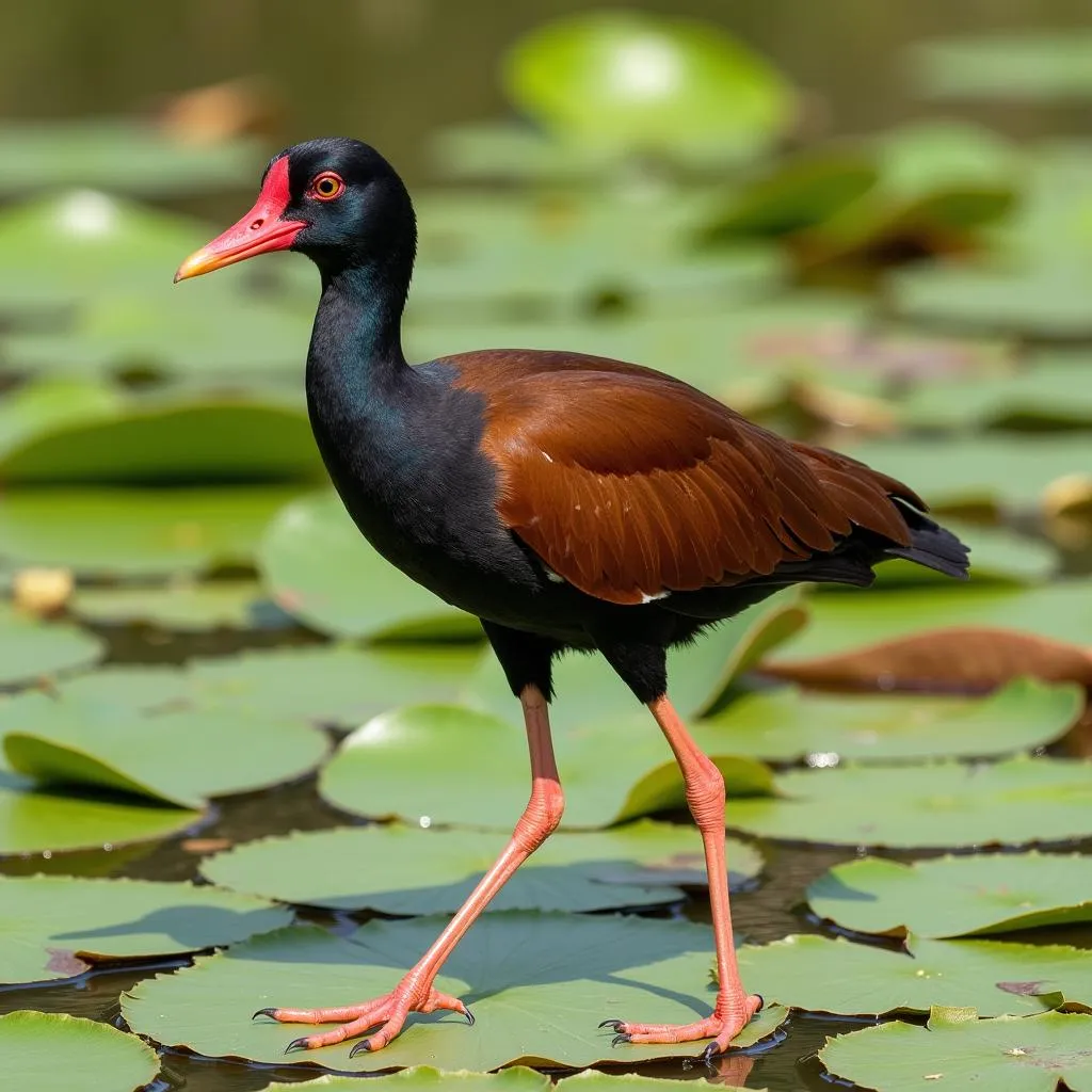 African jacana walking on lily pads