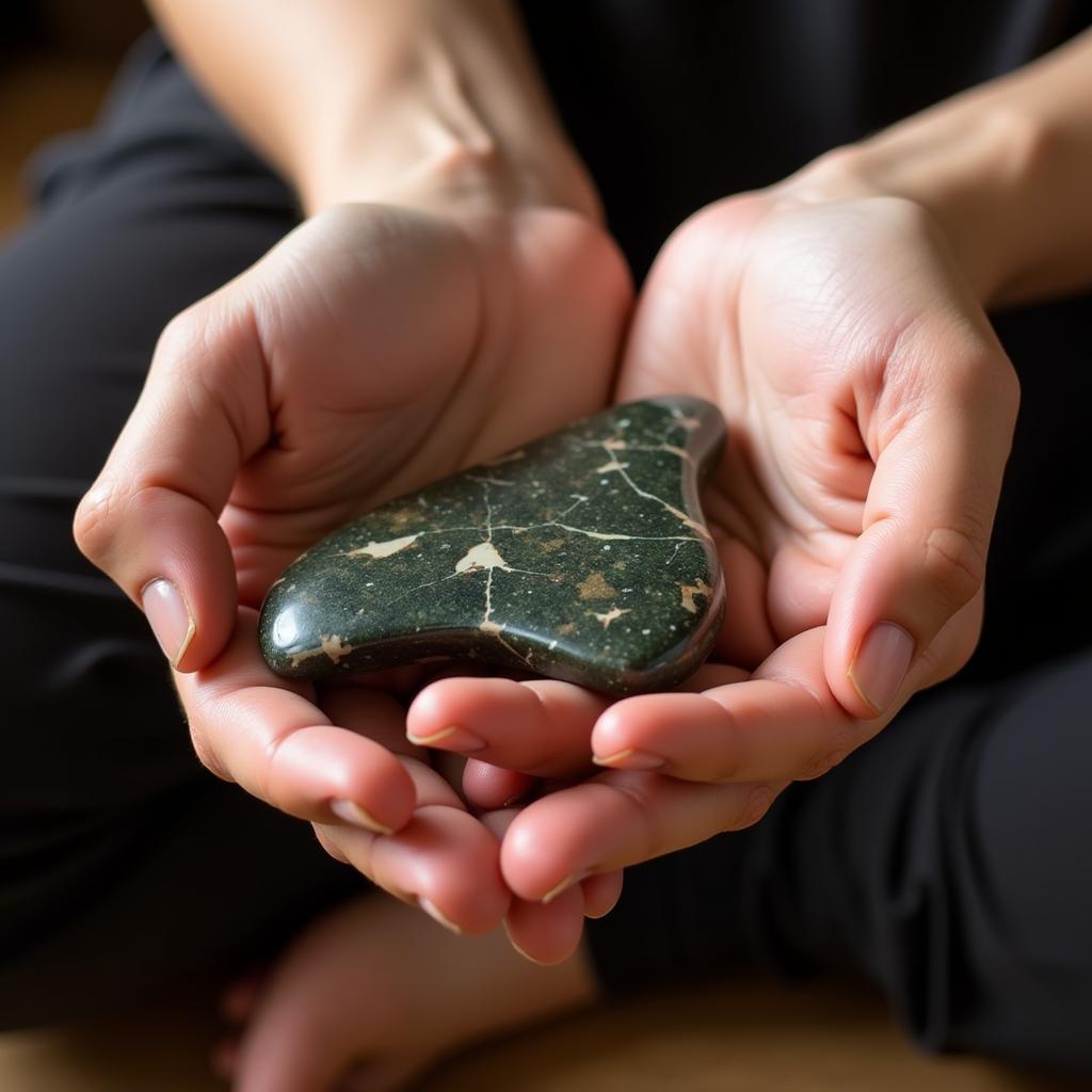 Hands Holding African Jasper During a Healing Ritual