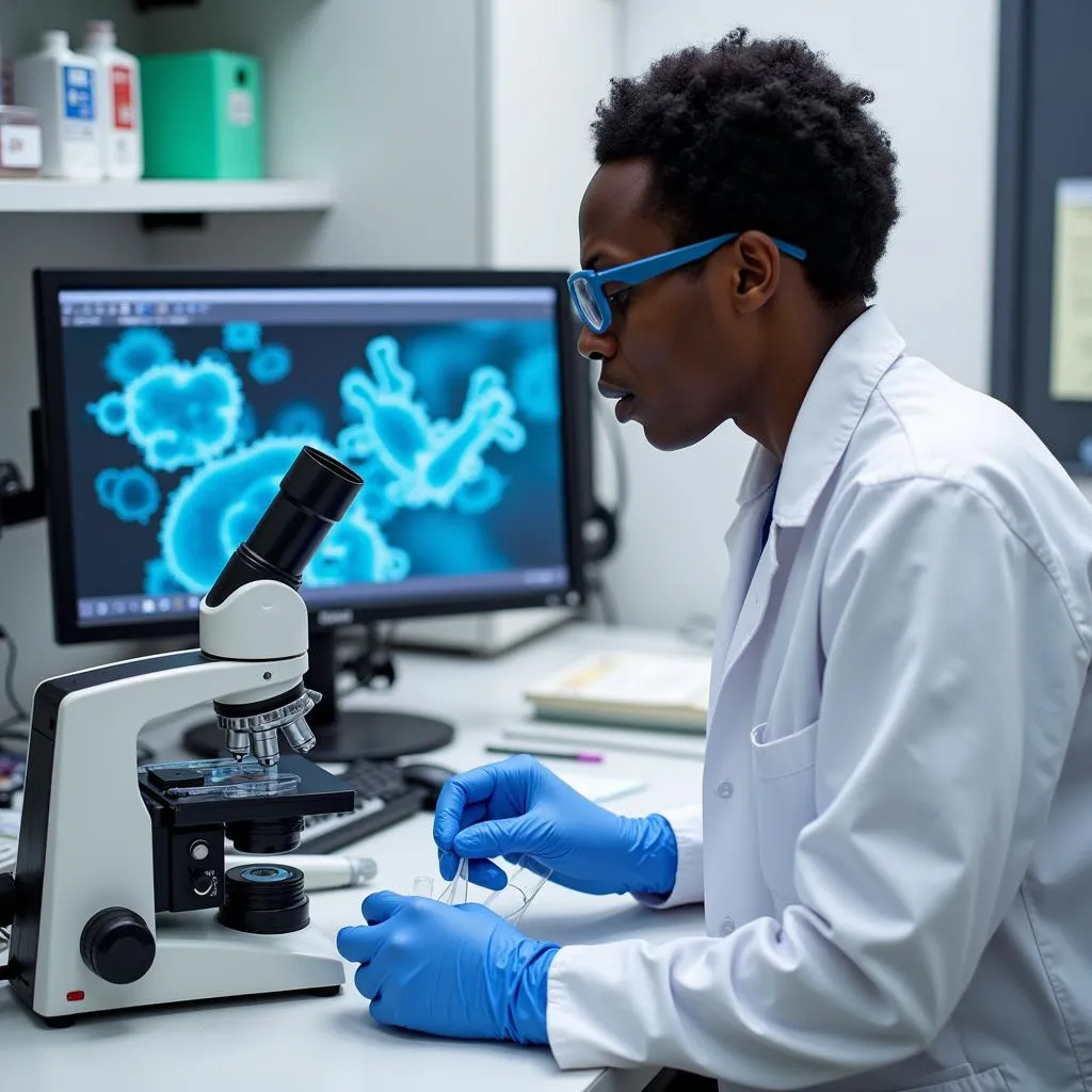 Scientist meticulously analyzing bacteria samples under a microscope in an African laboratory