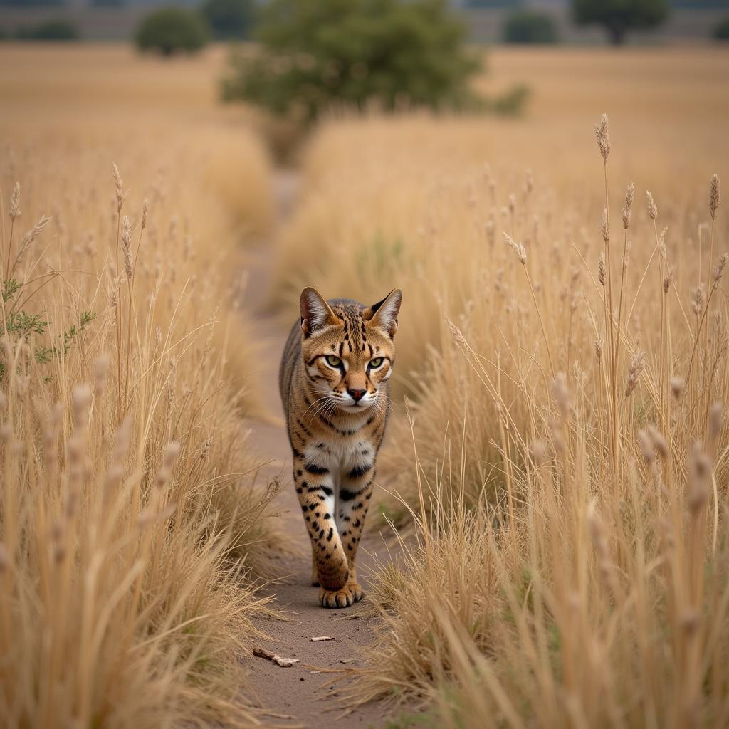 African jungle cat camouflaged in grassland