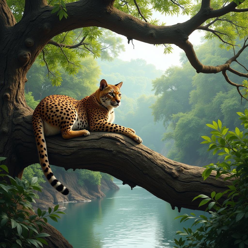 African jungle cat resting in a tree