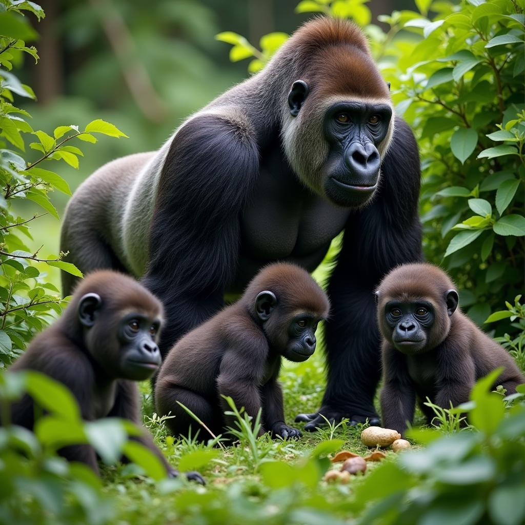 Scene from an African jungle documentary featuring a family of gorillas