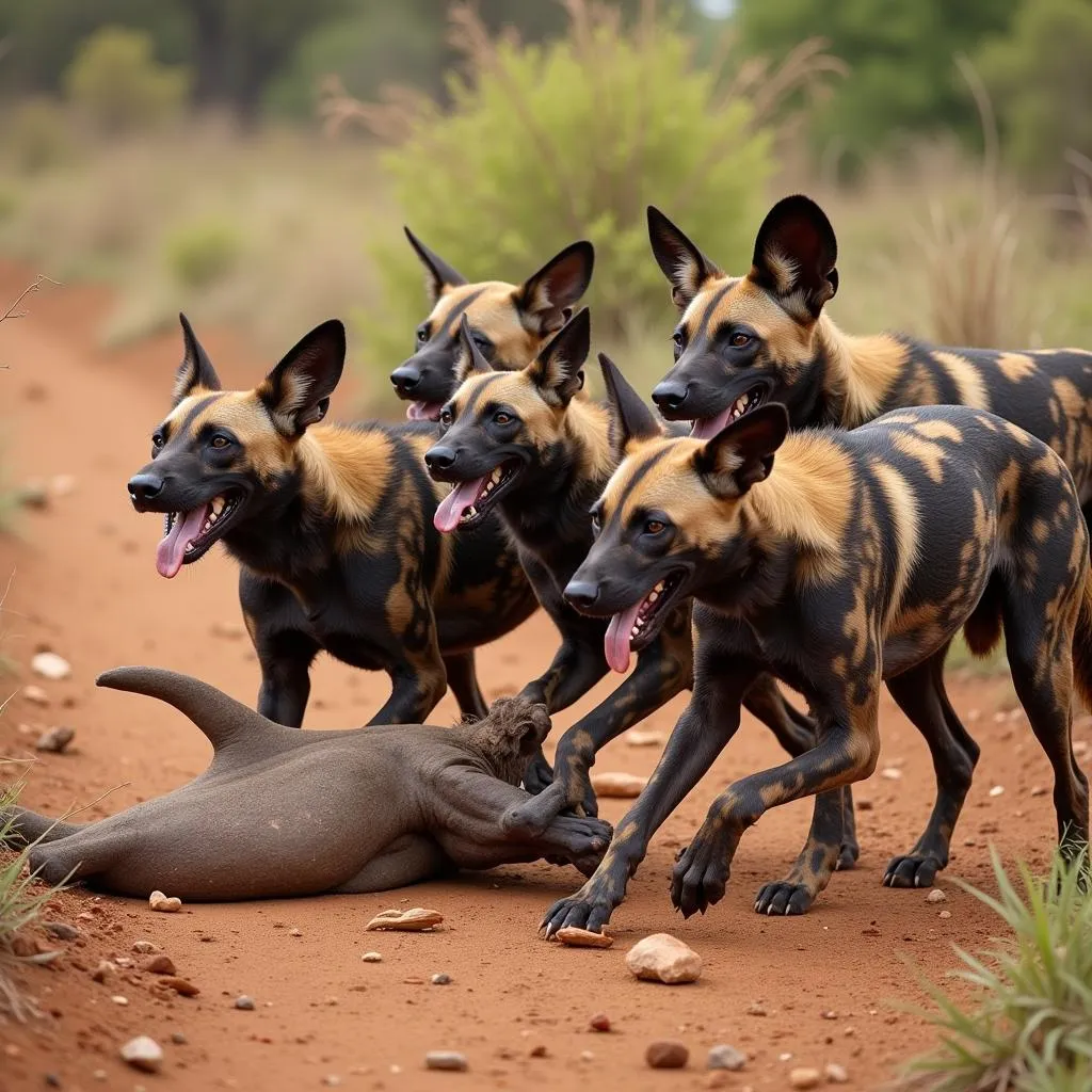 African Jungle Dog pack hunting, cooperation, teamwork, strategy