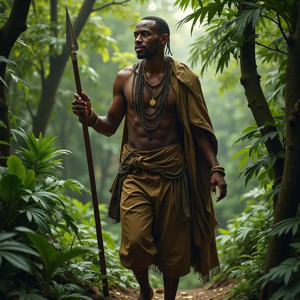 African Man Hunting with Spear in Jungle