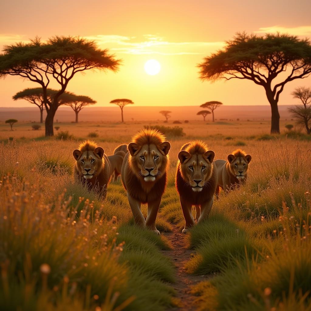 African jungle movie scene featuring a pride of lions