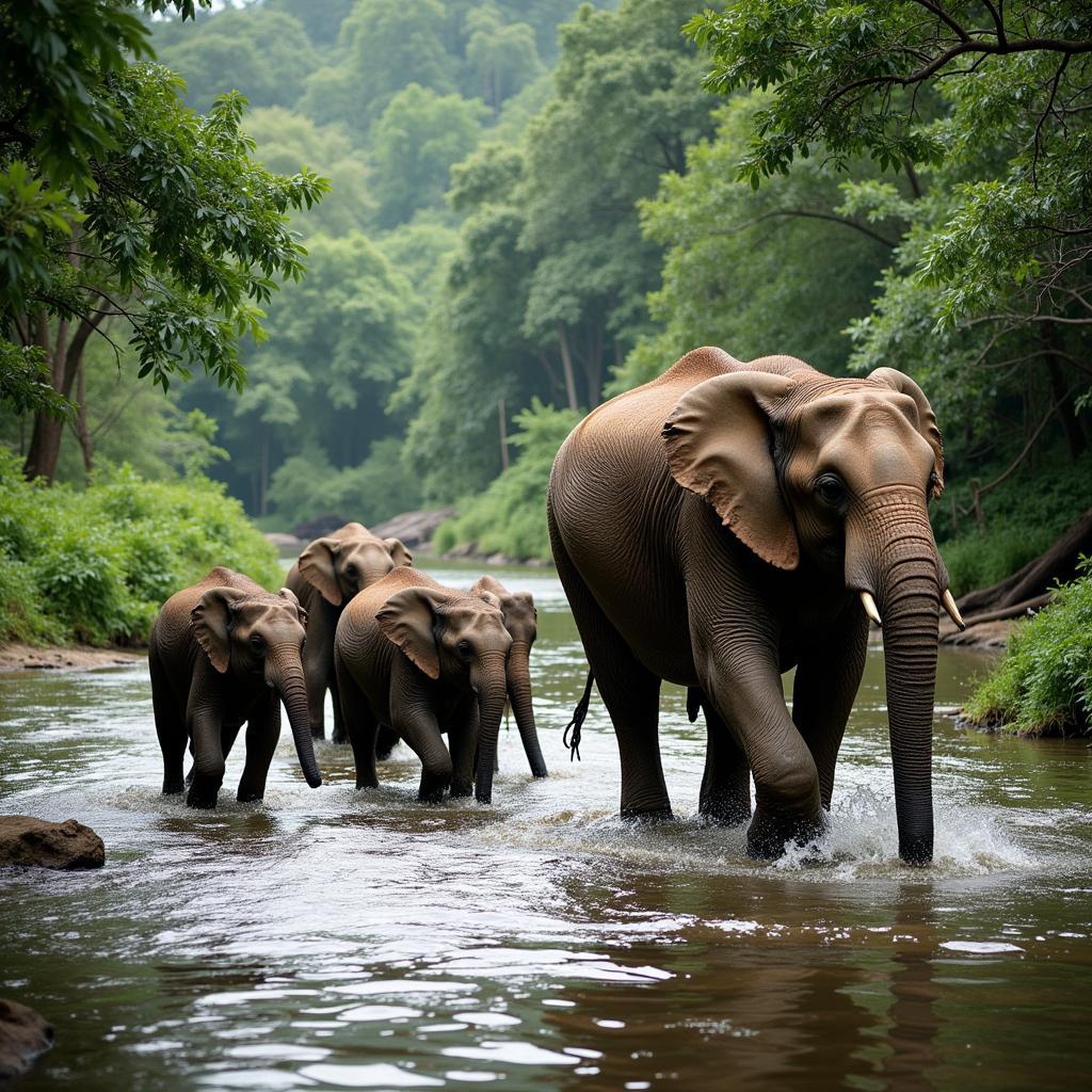 Elephant family crossing a river during an African jungle safari