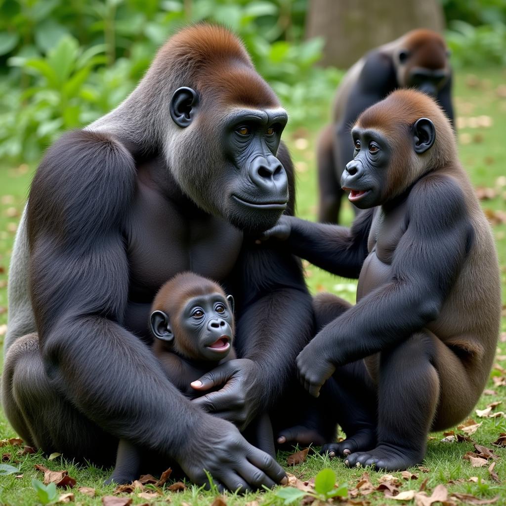 Gorilla family interacting in their natural habitat