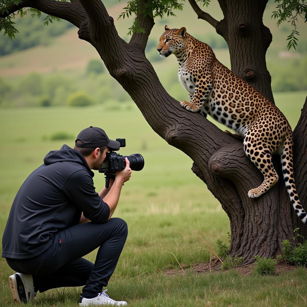 Photographer capturing a leopard in its natural habitat