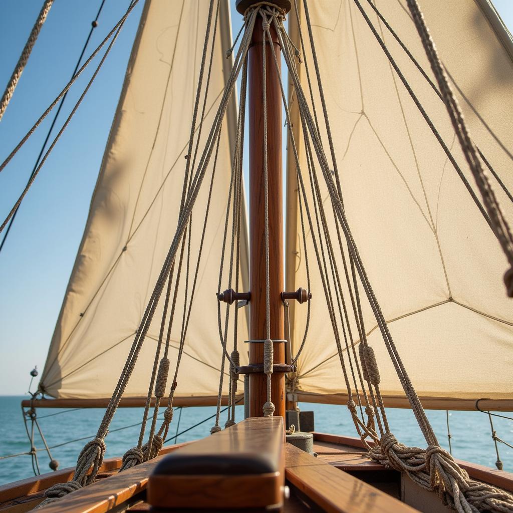 Detailed view of the African kestrel ship's lateen sail