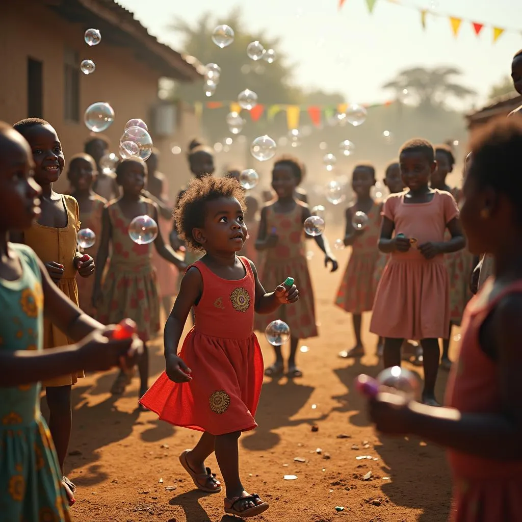 Children celebrating a birthday party with bubbles in Africa